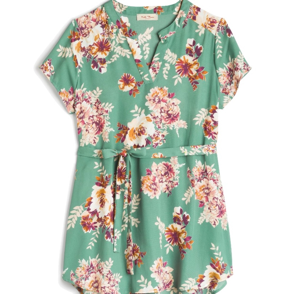 Full Moon Short Sleeve Tie Waist Maternity Blouse